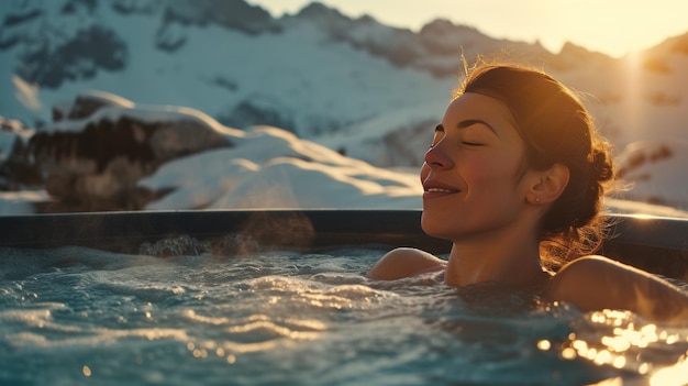 Photo serenity soaking woman enjoying hot tub with mountain majesty