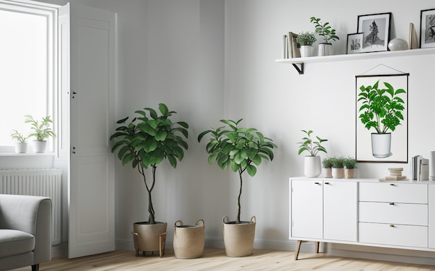 Serenity and Style Poster and Plant Adorn White Living Room with Ample Copy Space Realistically