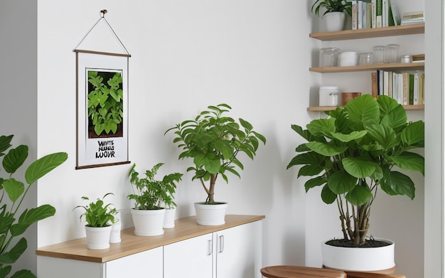평온함과 스타일 포스터 및 식물은 흰색 거실을 현실적으로 넉넉한 복사 공간으로 장식합니다.