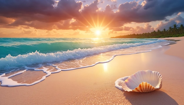 Photo serenity of the tropics a seashell lying on the sand under a cloudy sky with the sun setting on the horizon and waves gently caressing the beach