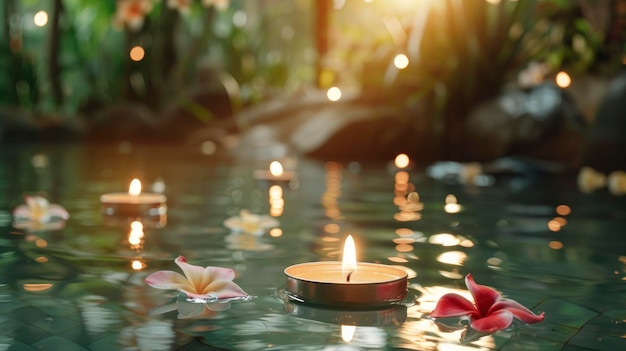 Serenity Unveiled Aromatic Candles Floating over Water Adorned with Flowers and Bamboo Embodies the Tranquil Spa and Relaxation Concept