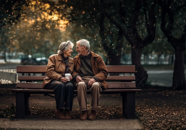 Serenity in Wisdom Grandparents' Coffee Moment on a Park Bench