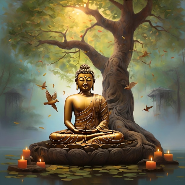 Serenitys Embrace Buddha meditates beneath the Bodhi tree natures symphony echoing tranquility