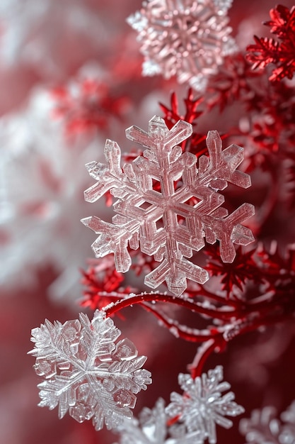 a series of 3D snowflakes in red and white
