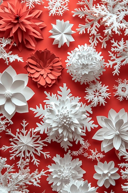 a series of 3D snowflakes in red and white