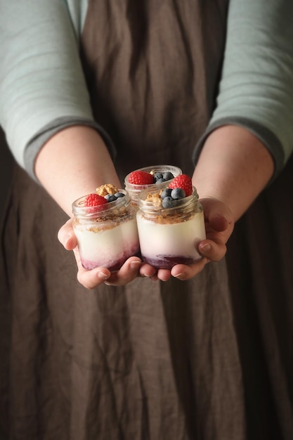 Series about granola berry and greek yogurt suitable for a healthy breakfast snack or dessert