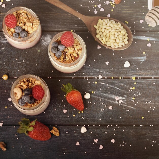 Series about granola berry and greek yogurt suitable for a healthy breakfast snack or dessert