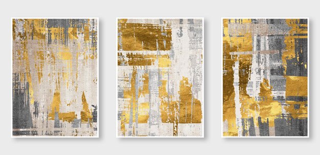 A series of abstract art with gold and silver paint.