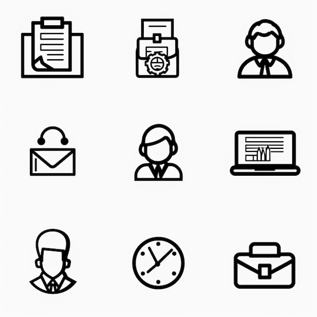 a series of black and white images of business icons including a man and a clock