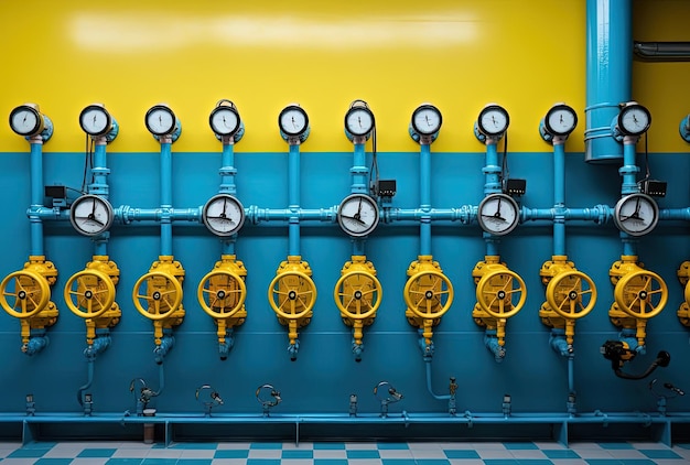 a series of blue and yellow valves are lined up in a building in the style of machine age