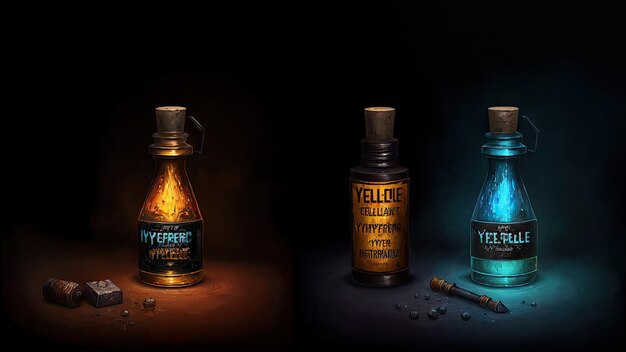 A series of bottles of yellow liquid with the words yellow.