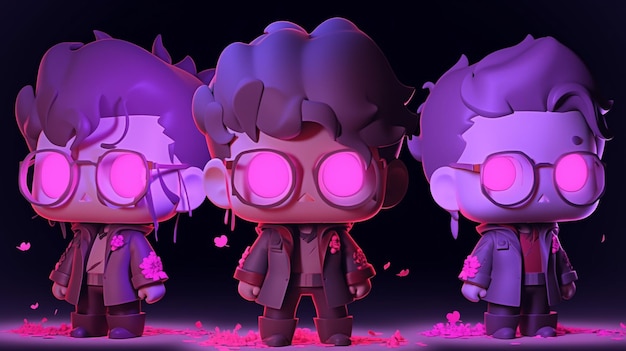 A series of cartoon characters with pink eyes and pink lights