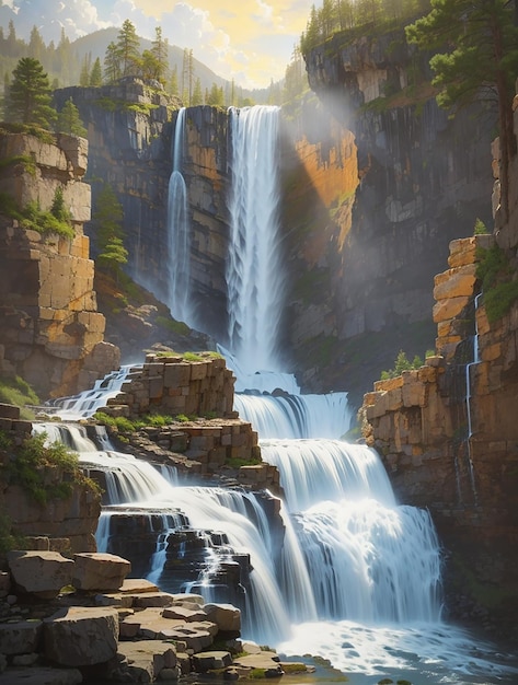 Серия каскадных водопадов, каждый с своим уникальным характером, создавая симфонию воды.