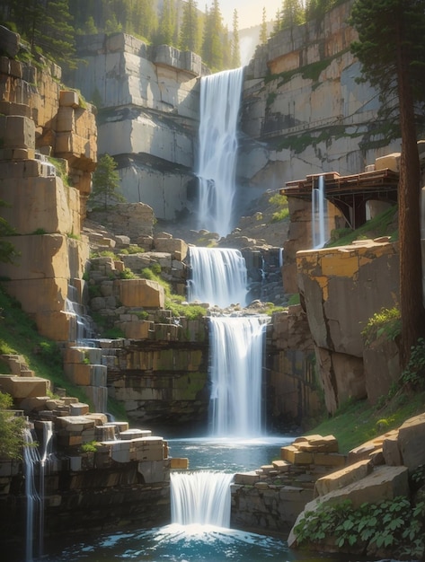 Серия каскадных водопадов, каждый с своим уникальным характером, создавая симфонию воды.