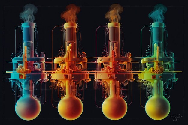 Foto una serie di tubi chimici con fumo che ne esce