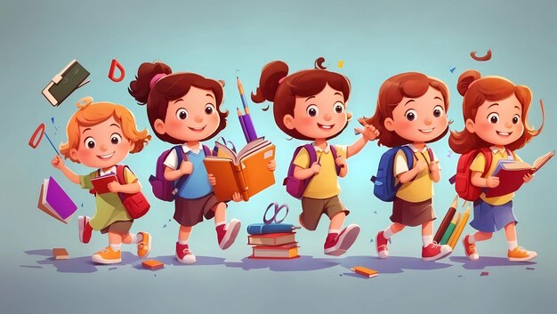 a series of children with backpacks and books