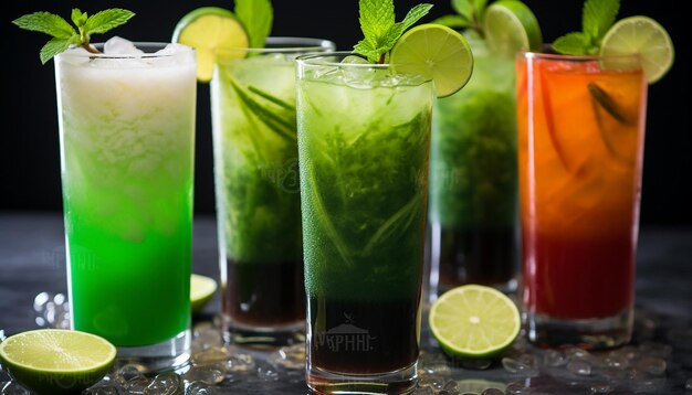 A series of closeups of different St Patricks Day themed beverages