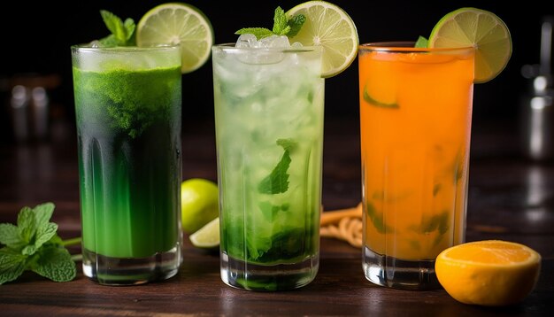 A series of closeups of different St Patricks Day themed beverages