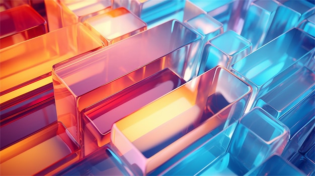 A series of colored glass cubes with a colorful background.