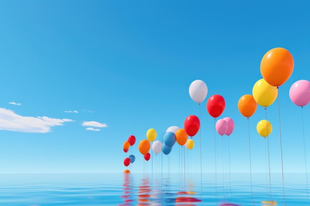 A series of colorful balloons floating against a clear blue sky