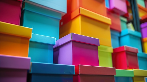 A series of colorful boxes stacked high in a storage facility representing the diverse range of