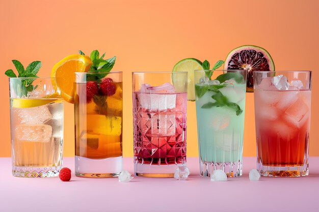 A series of colorful drinks is in a line of glasses on a pink background