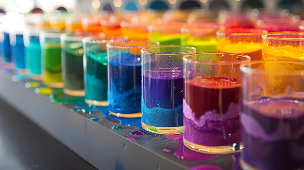 A series of colorful dyes and pigments are displayed in individual containers representing the