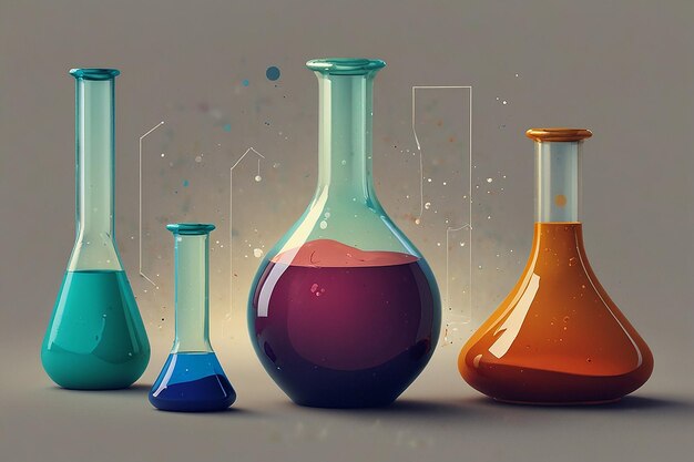 a series of colorful glass beakers with different colors