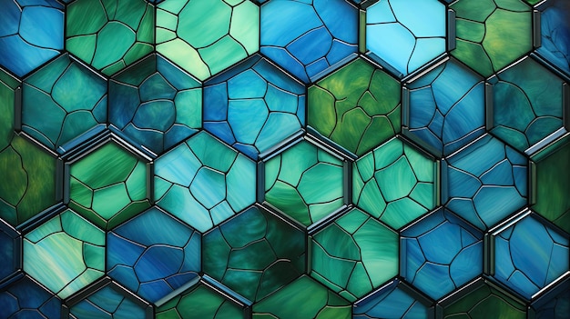 A series of concentric hexagons in shades of blue and green