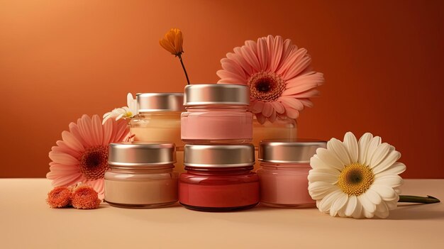 A series of cosmetic jars with flowers on an orange background