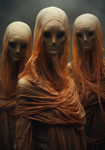 a series of creepy statues with long hair and long hair