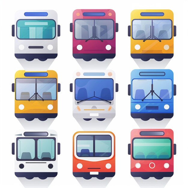 a series of different colored buses with different colors