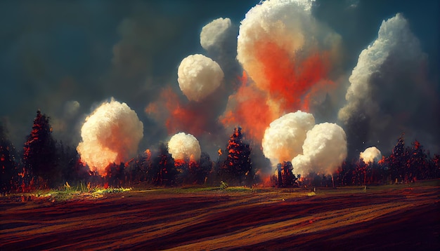 A series of explosions on the battlefield War and destruction 3D illustration