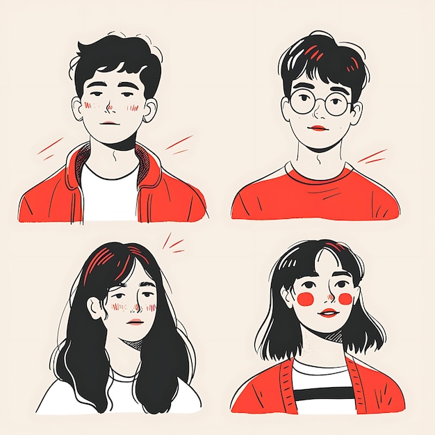 a series of faces of a girl with a red shirt that says  look