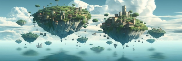 A Series Of Floating Islands In The Sky Panoramic Background Generative AI