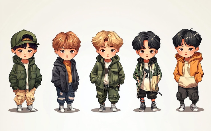 Photo a series of four characters of boys with jackets and hats