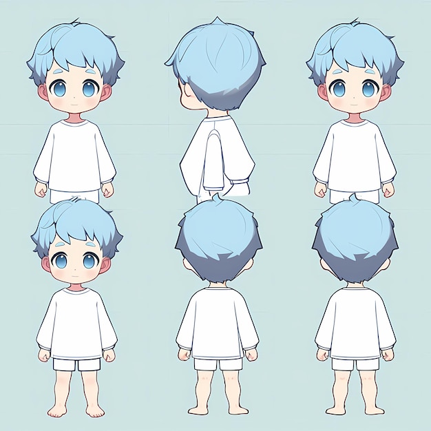 a series of four different images of a little boy with blue hair.