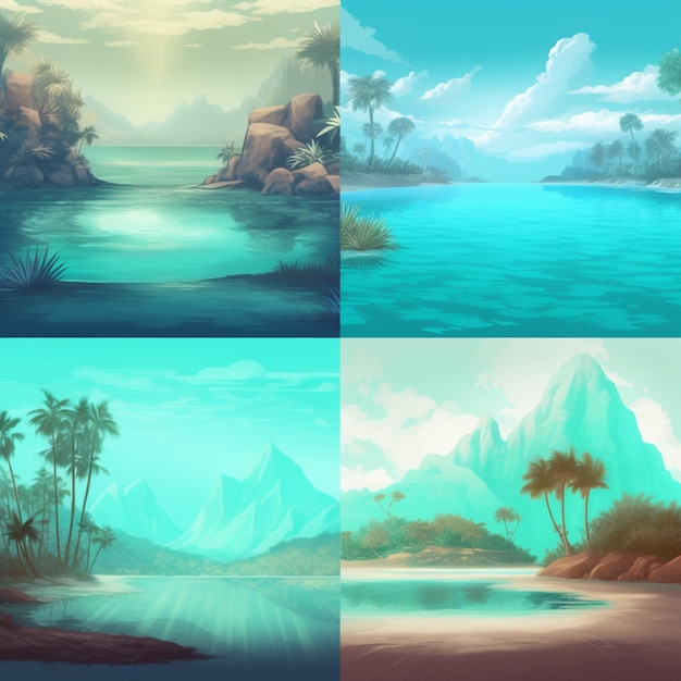 A series of four images of a beach with mountains in the background.