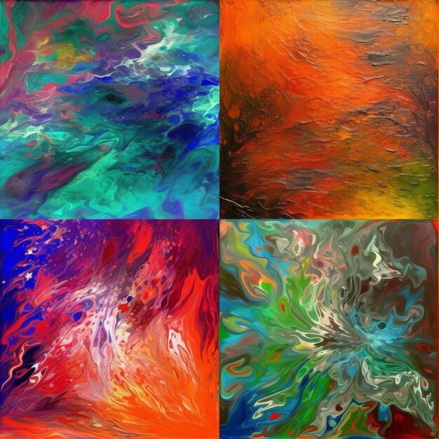 A series of four paintings with different colors and shapes.