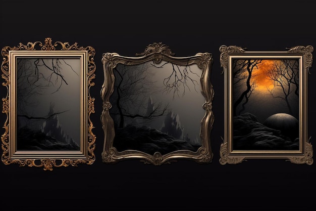 a series of framed paintings with a sunset on the top.