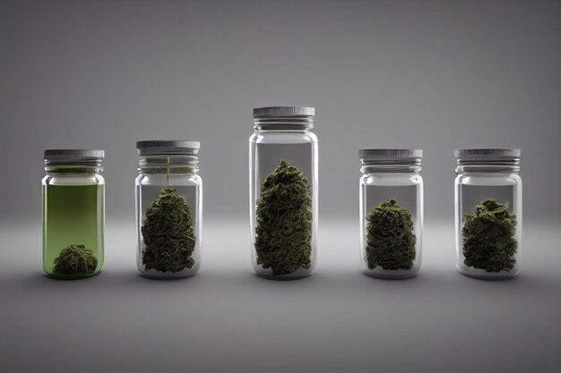 A series of glass jars with a green leaf on the top