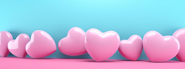 A series of glossy pink hearts in a row against a contrasting bluepink background banner