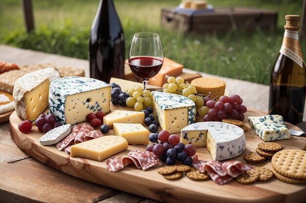 A series of gourmet cheeses crackers and charcuterie on the wooden board contrasting with a charming vineyard picnic