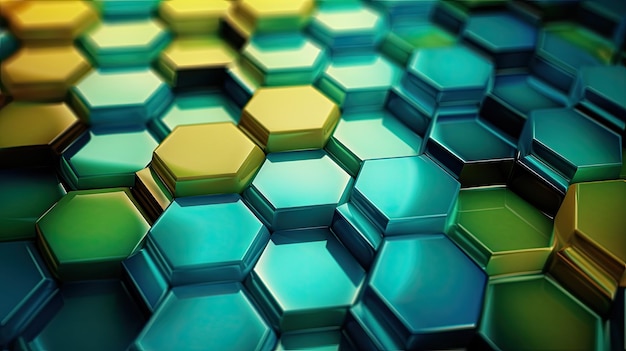 Серия шестиугольников оттенков зеленого и синего, создающих эффект сот.