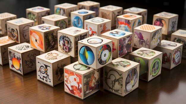 Foto una serie di cubi di carta molto dettagliati con i logo dei social network globali
