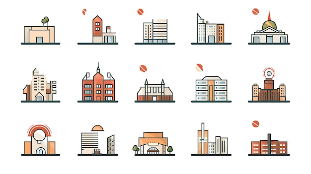 異なる建物のイラストのシリーズで色彩が異なる建物も含まれています