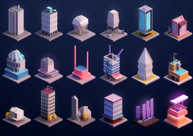 серия иллюстраций различных зданий, в том числе того, на котором есть слово «город».