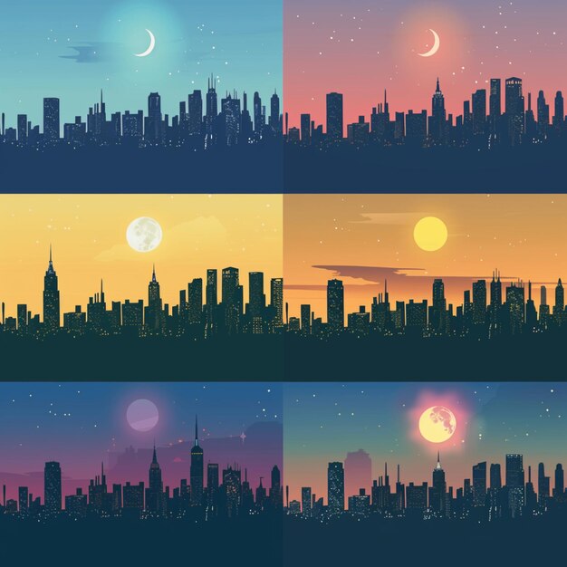 a series of images of a city with a moon and the moon