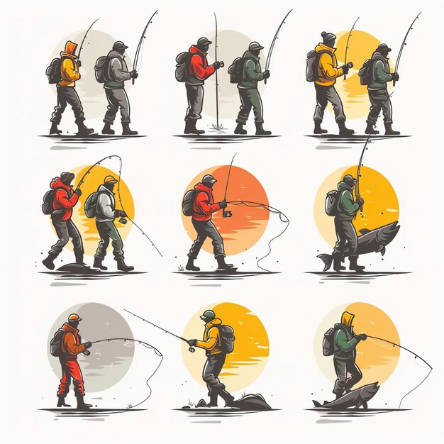 a series of images of a man carrying a fishing pole