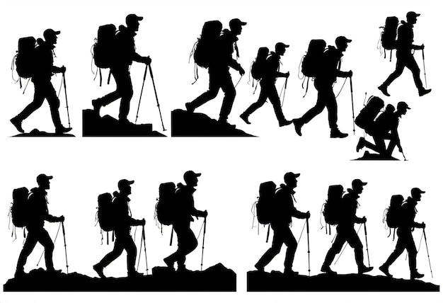 a series of images of a man and a woman walking with a backpack